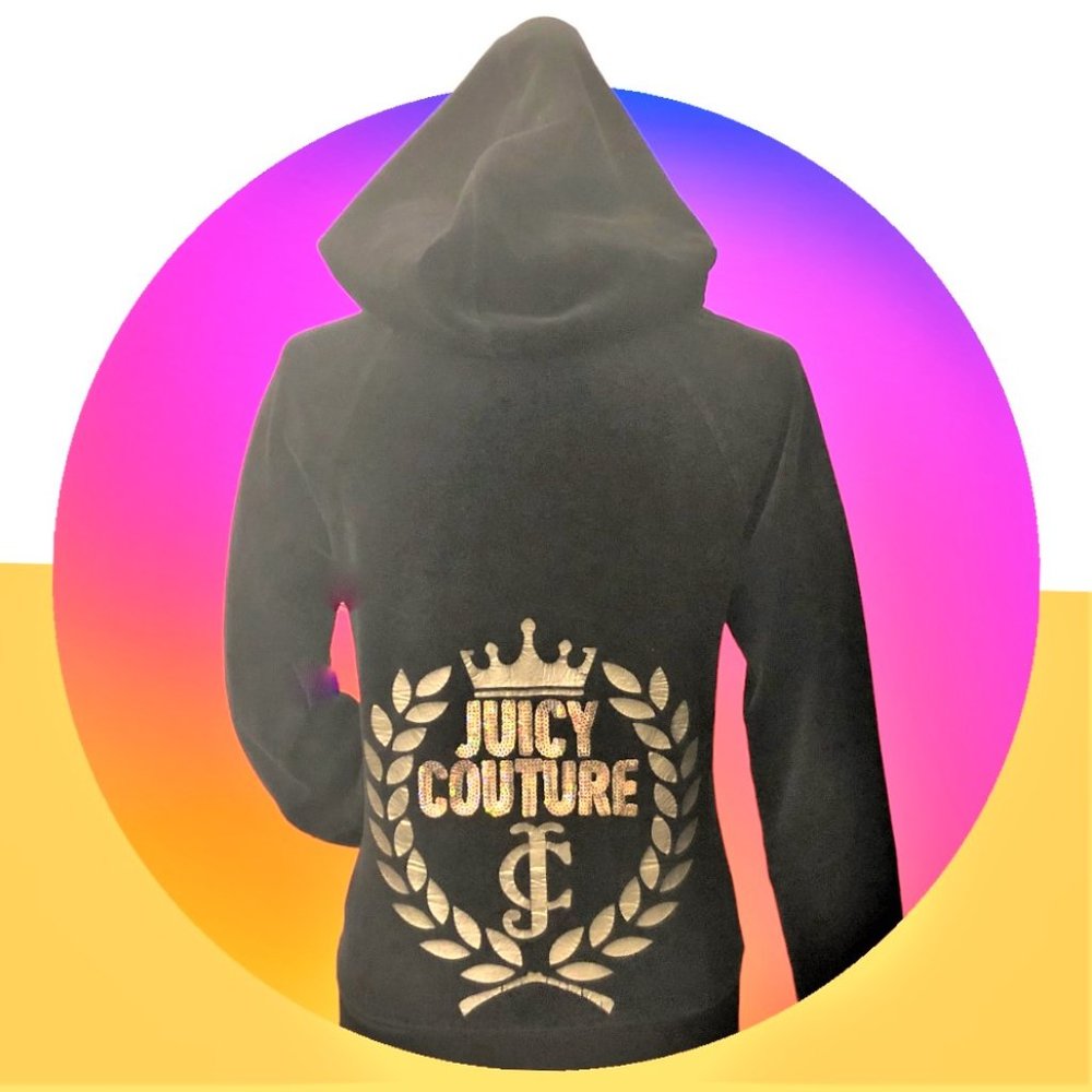 Y2K Rare Vintage Juicy Couture Black Velour Sequined Hoodie Zip Up Glamour OG